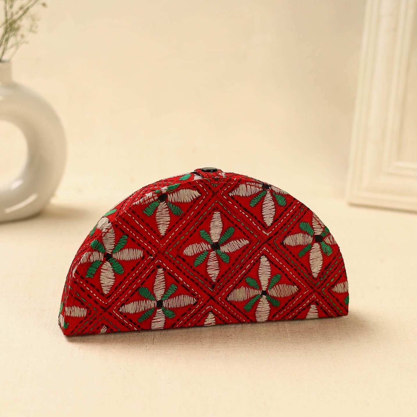 Red Handcrafted Bengal Kantha Work Jewelry Box