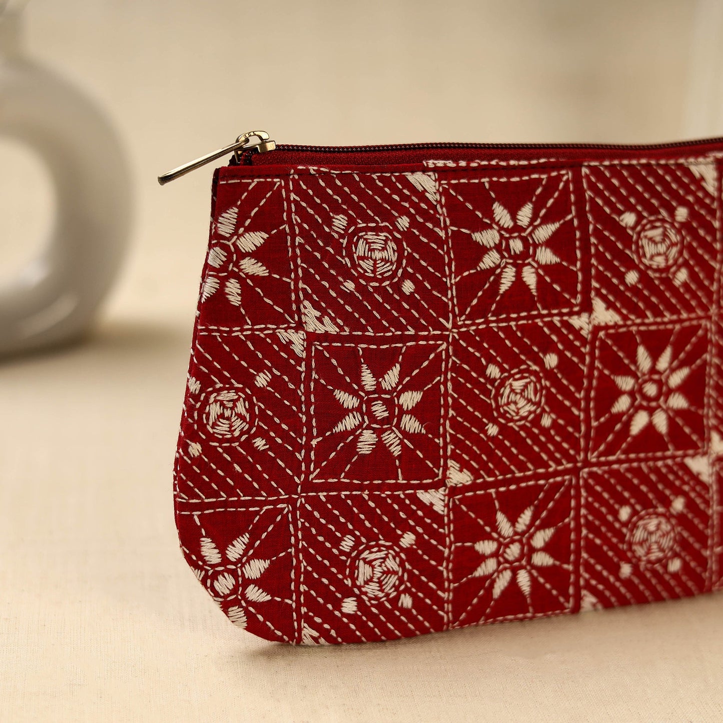 Red Handcrafted Bengal Kantha Work Multipurpose Pouch