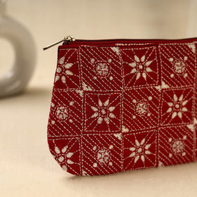 Red Handcrafted Bengal Kantha Work Multipurpose Pouch