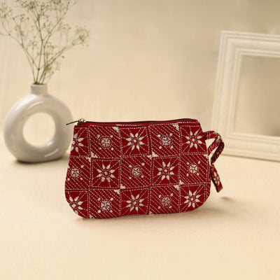 Red Handcrafted Bengal Kantha Work Multipurpose Pouch