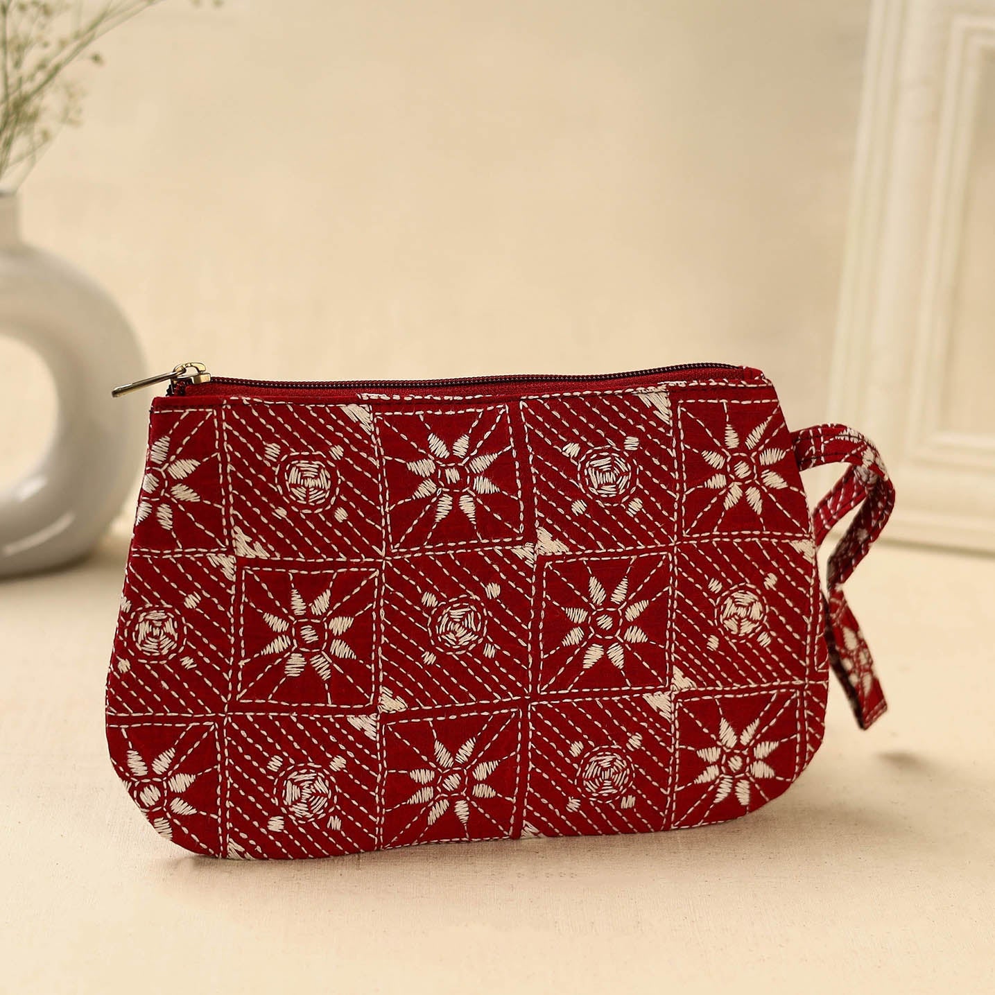 Red Handcrafted Bengal Kantha Work Multipurpose Pouch