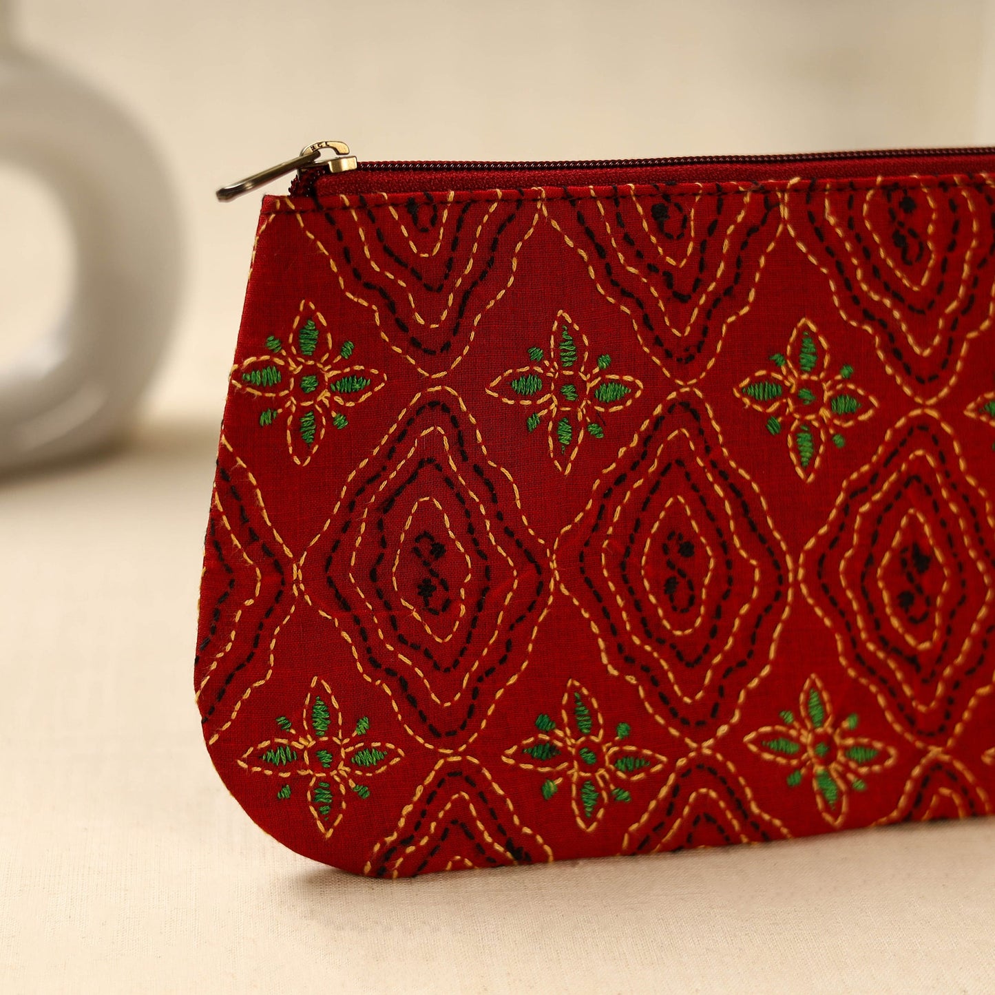 Red Handcrafted Bengal Kantha Work Multipurpose Pouch