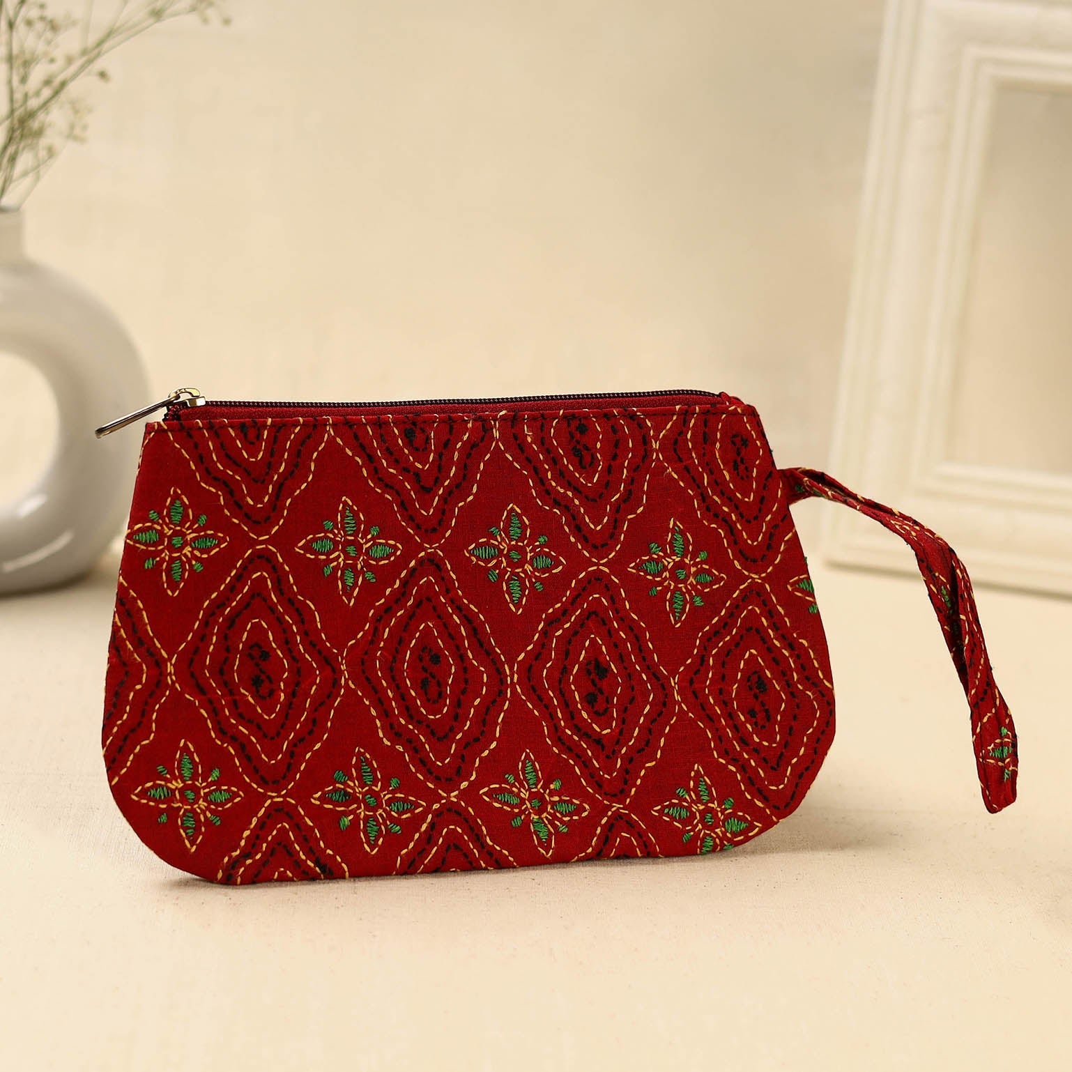 Red Handcrafted Bengal Kantha Work Multipurpose Pouch