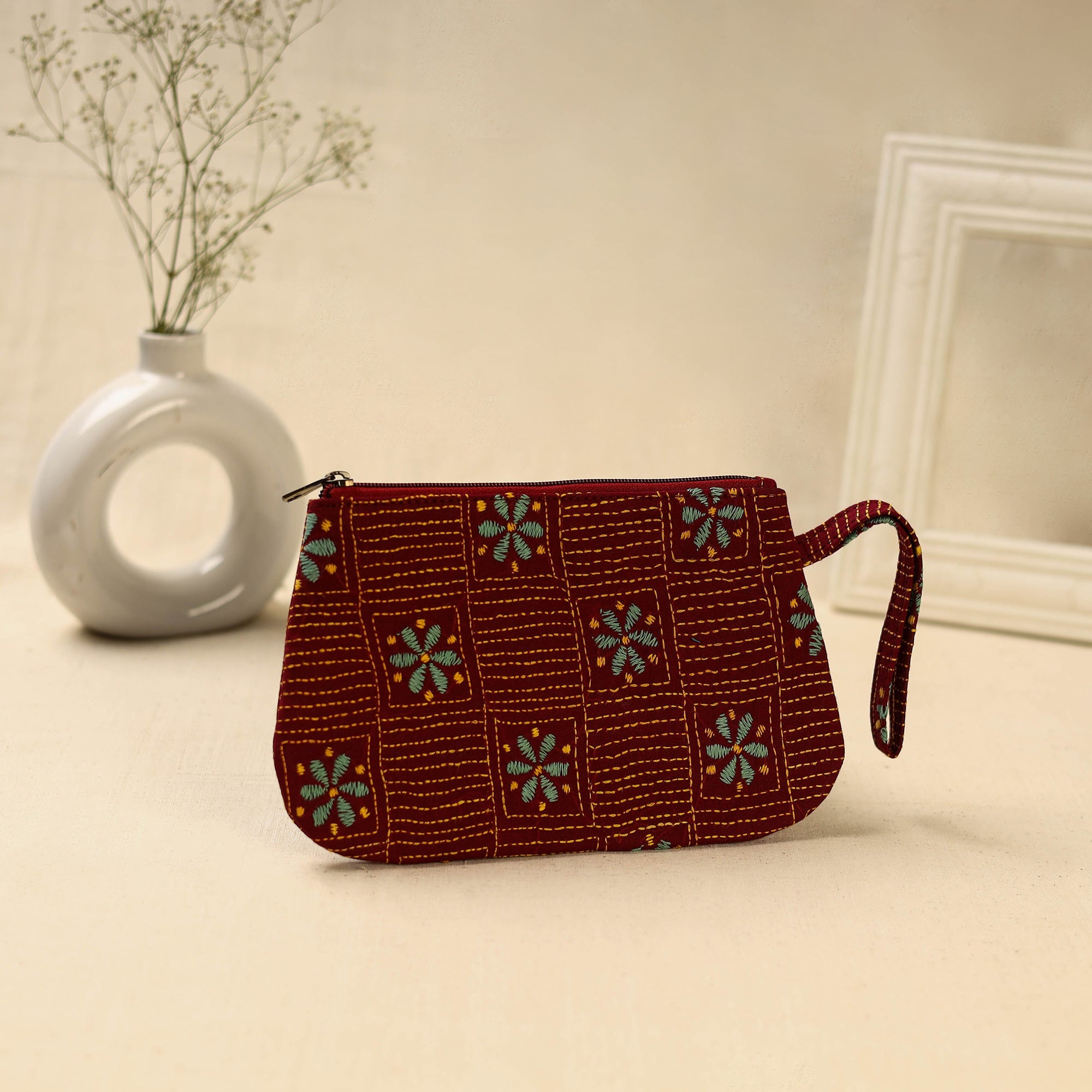 Red Handcrafted Bengal Kantha Work Multipurpose Pouch