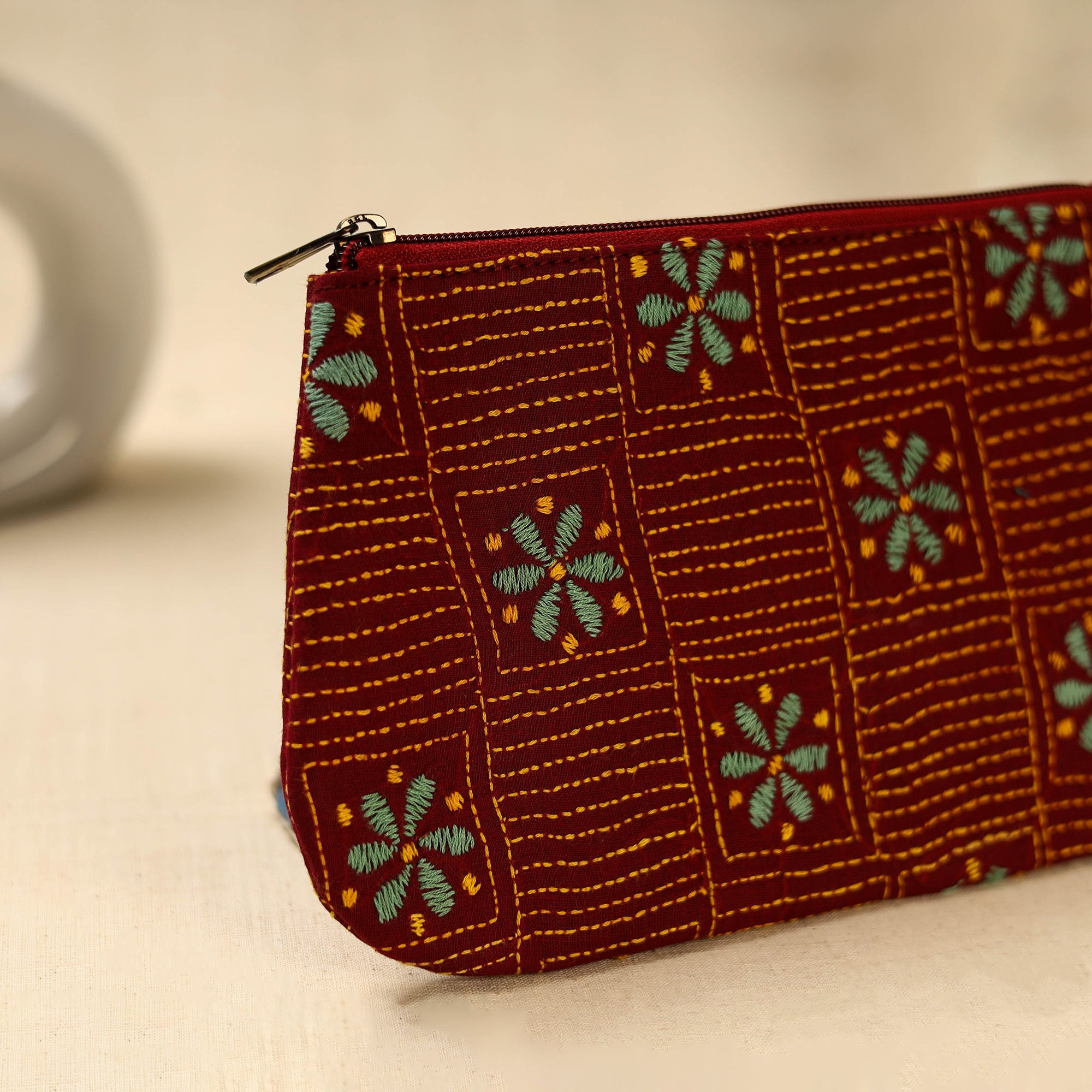 Red Handcrafted Bengal Kantha Work Multipurpose Pouch