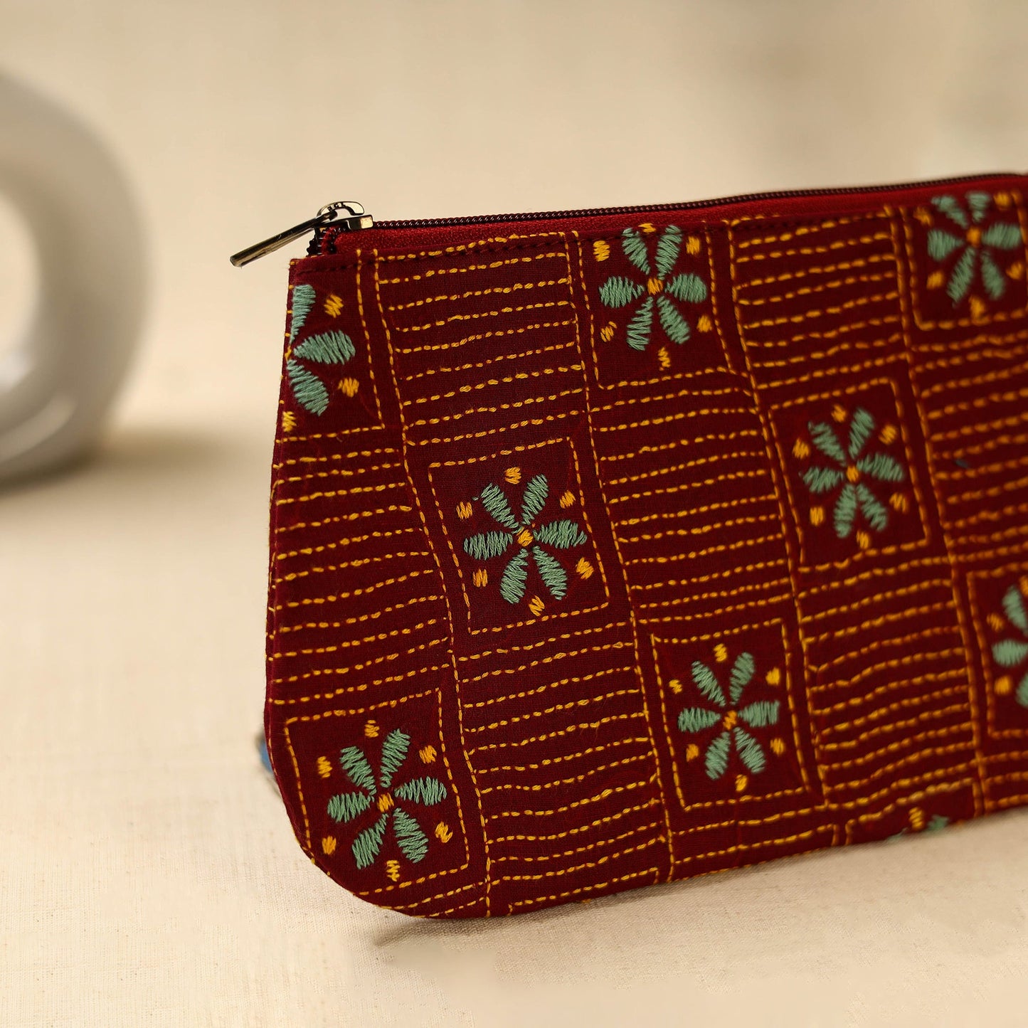 Red Handcrafted Bengal Kantha Work Multipurpose Pouch
