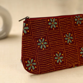 Red Handcrafted Bengal Kantha Work Multipurpose Pouch