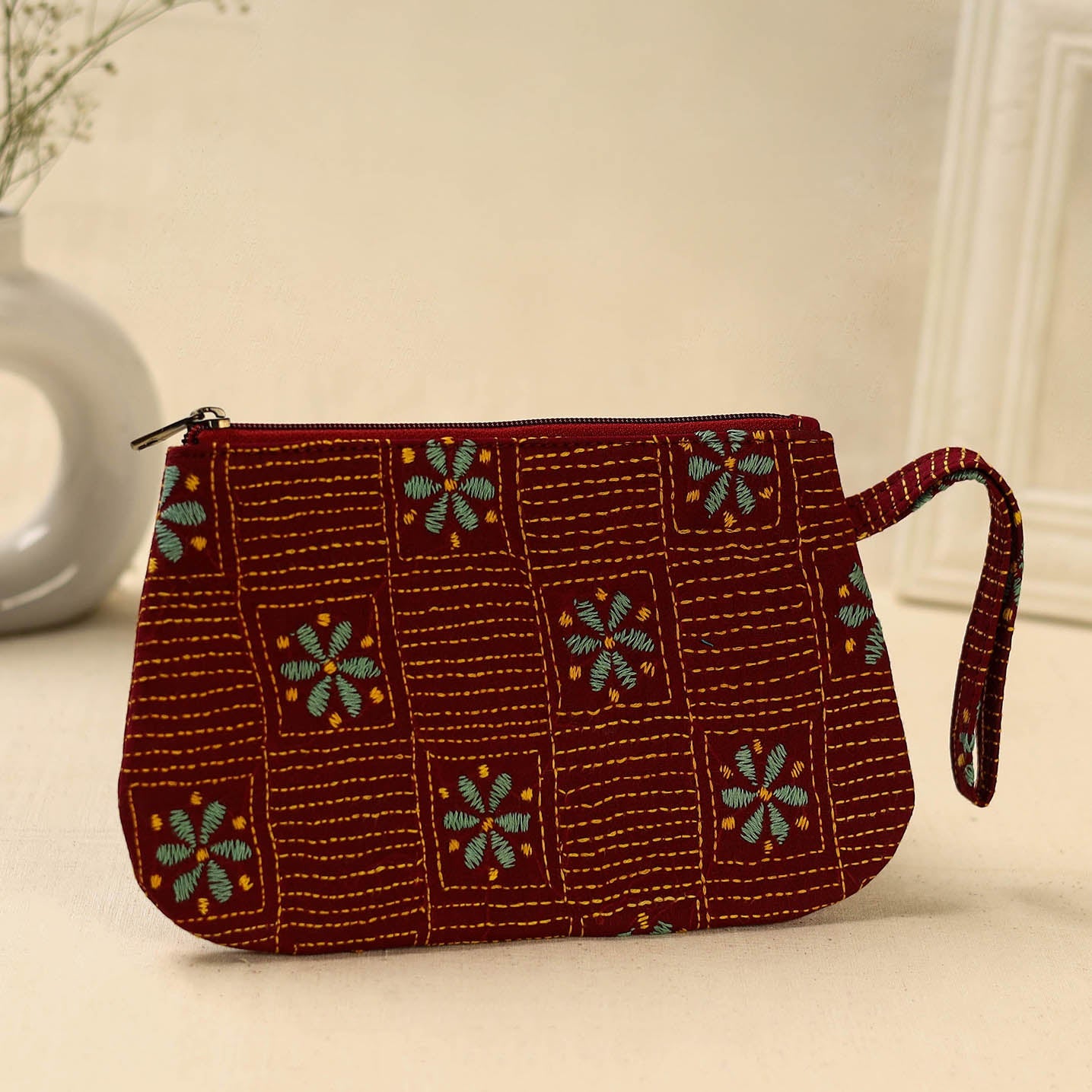Red Handcrafted Bengal Kantha Work Multipurpose Pouch