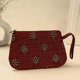 Red Handcrafted Bengal Kantha Work Multipurpose Pouch