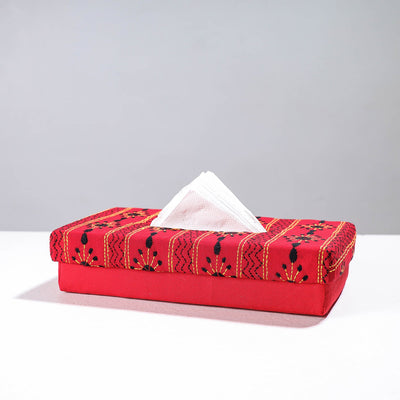 Red Handcrafted Bengal Kantha Work Tissue Box 