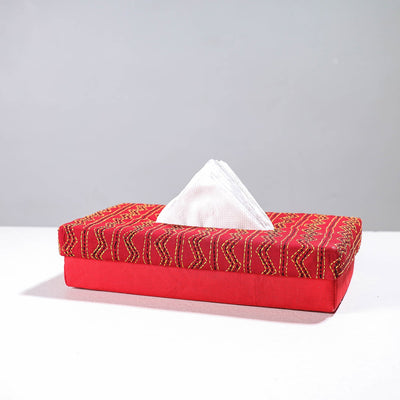Red Handcrafted Bengal Kantha Work Tissue Box 