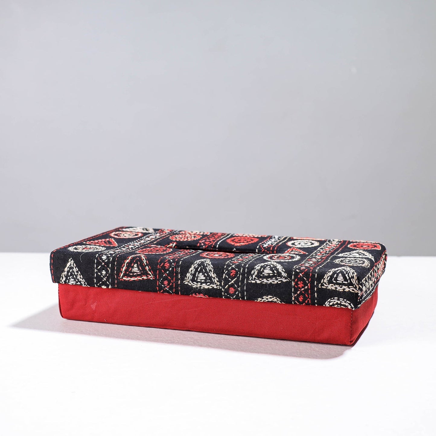 Red Handcrafted Bengal Kantha Work Tissue Box 