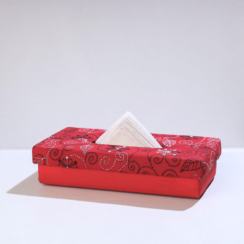 Red Bengal Kantha Work Handcrafted Tissue Box 