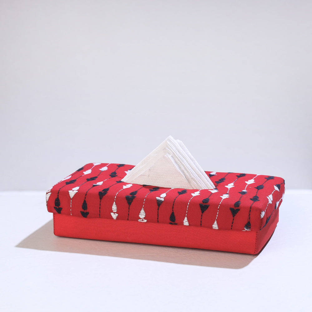 Red Bengal Kantha Work Handcrafted Tissue Box 