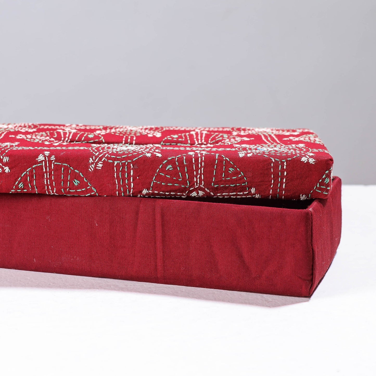 Red Handcrafted Bengal Kantha Work Tissue Box 