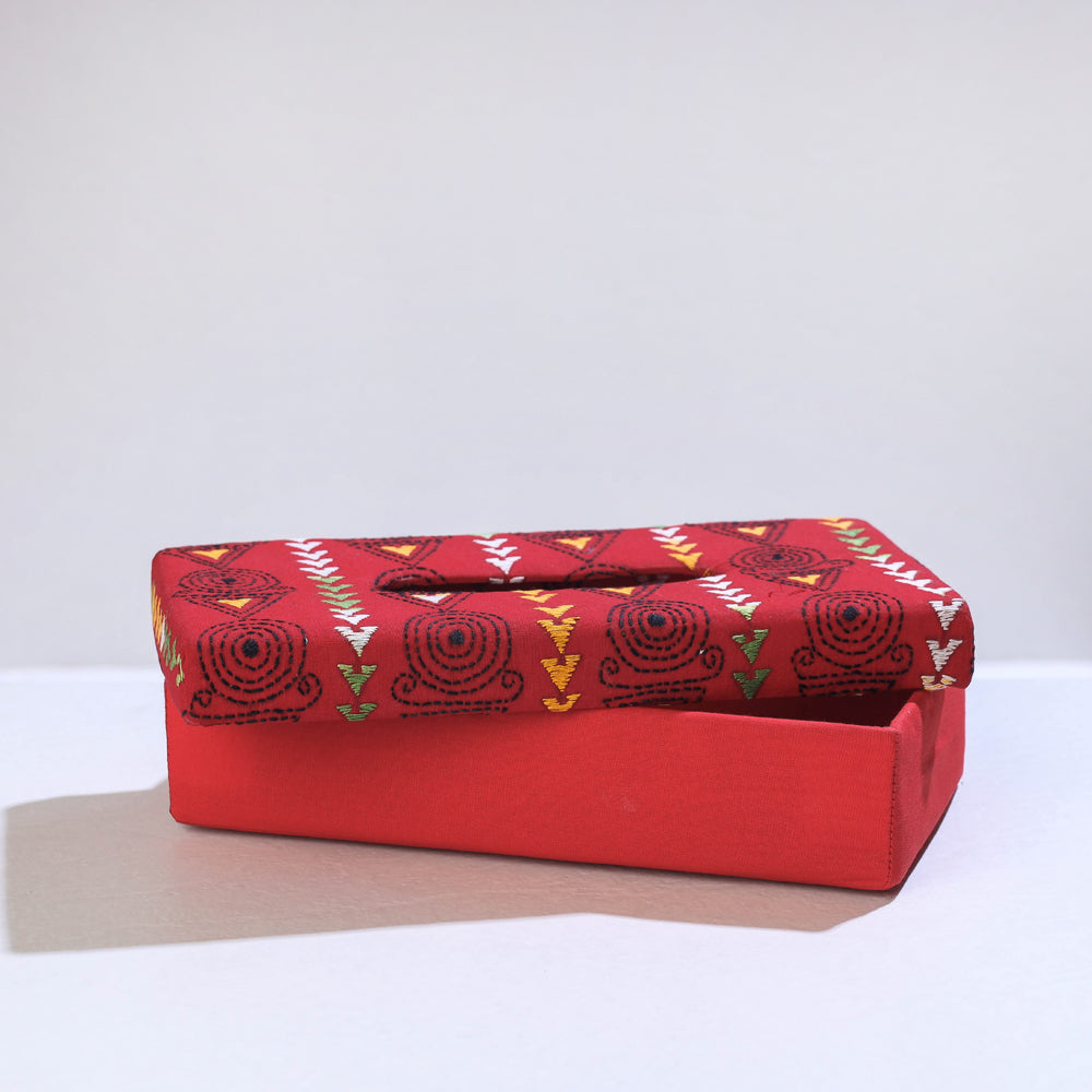 Red Handcrafted Bengal Kantha Work Tissue Box 
