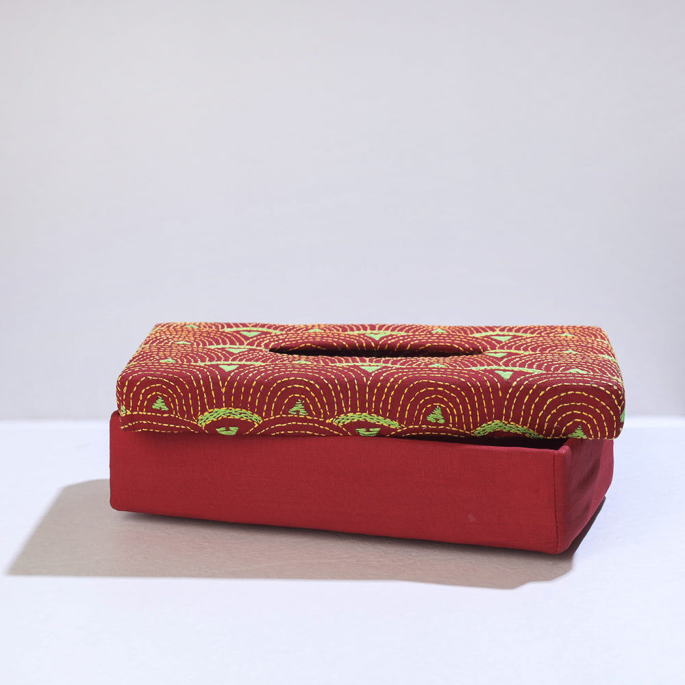 Red Bengal Kantha Work Handcrafted Tissue Box 