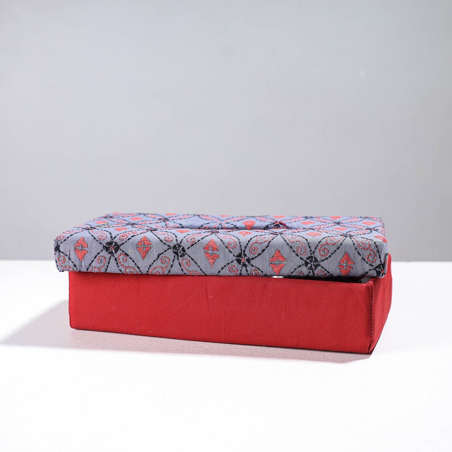 Red Handcrafted Bengal Kantha Work Tissue Box 