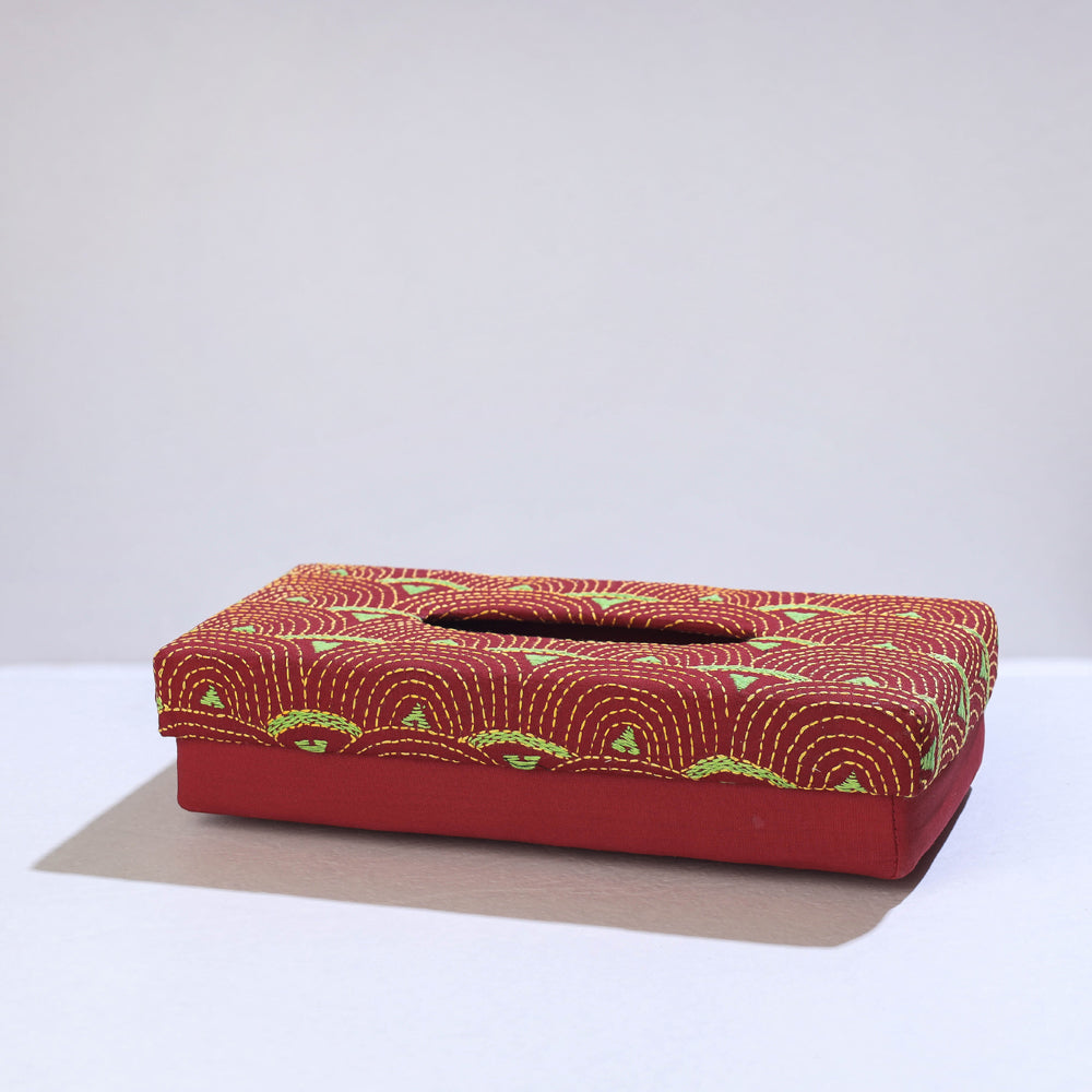 Red Bengal Kantha Work Handcrafted Tissue Box 