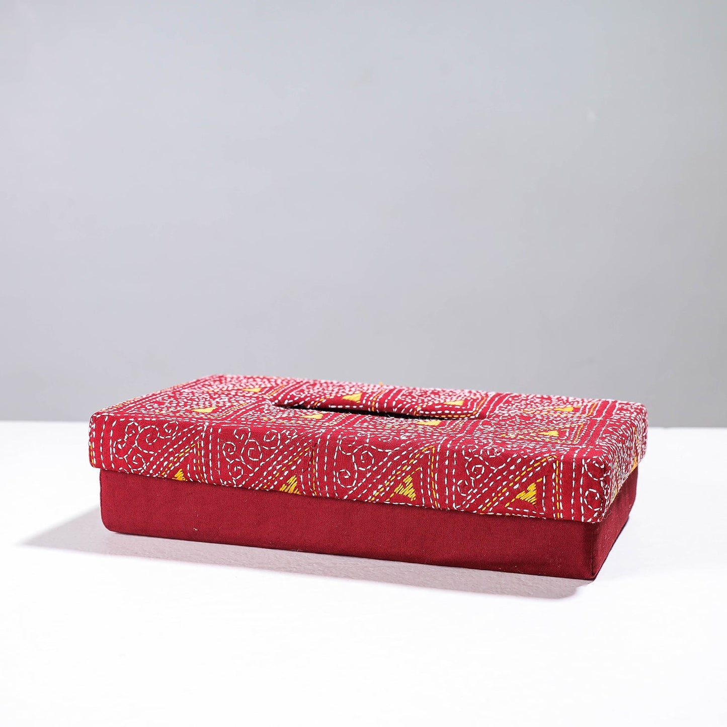 Red Handcrafted Bengal Kantha Work Tissue Box 