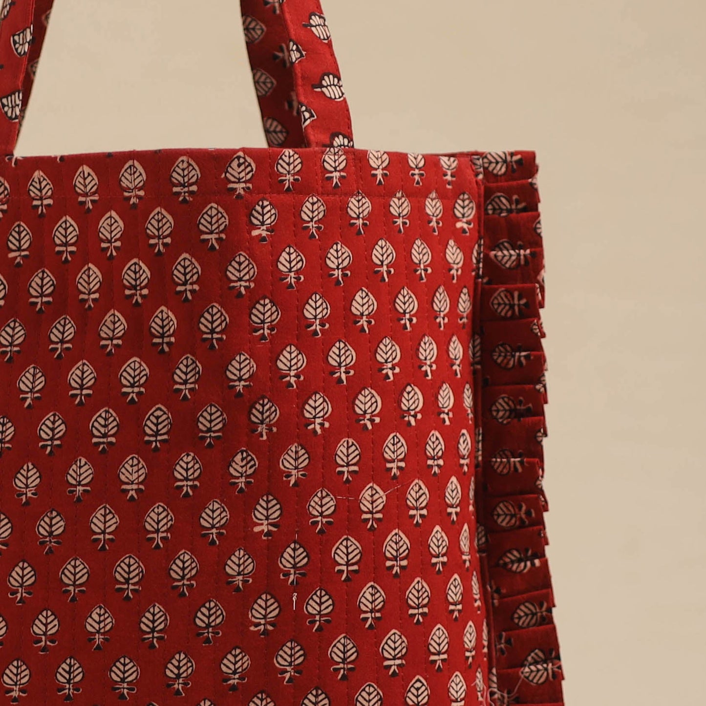 Red - handcrafted cotton frill jhola bag 09