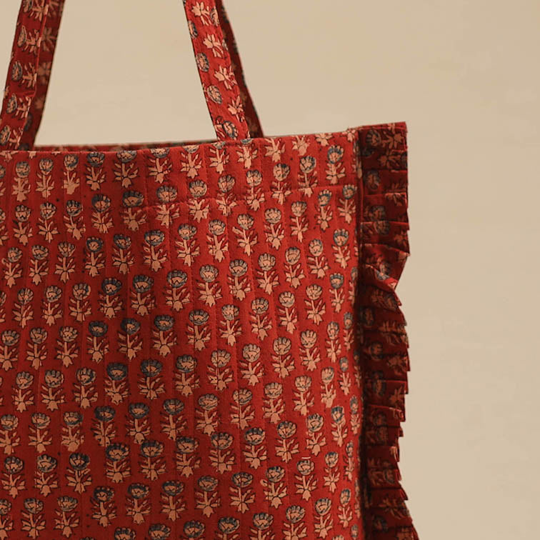 Red - handcrafted cotton frill jhola bag 25