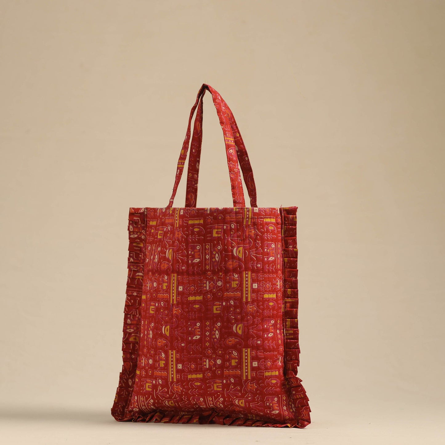 Red - handcrafted cotton frill jhola bag 26
