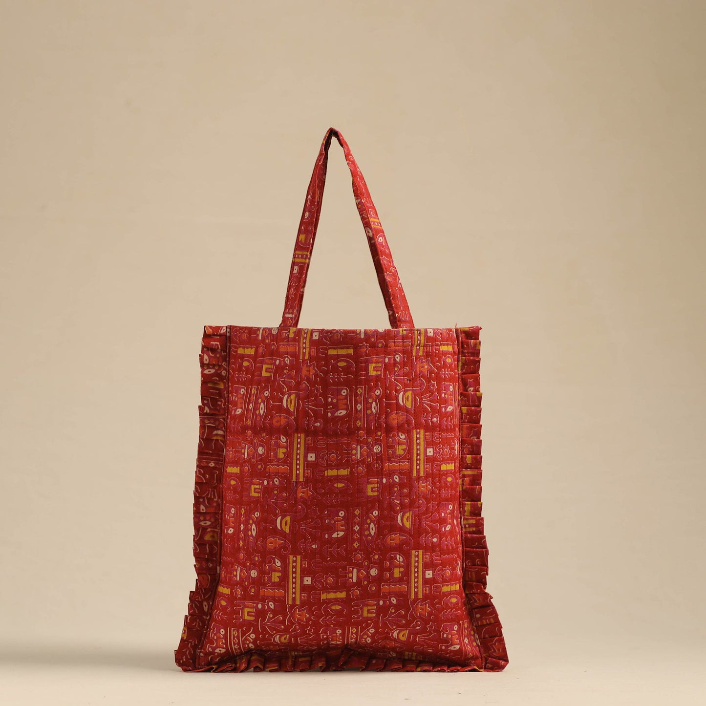 Red - handcrafted cotton frill jhola bag 26