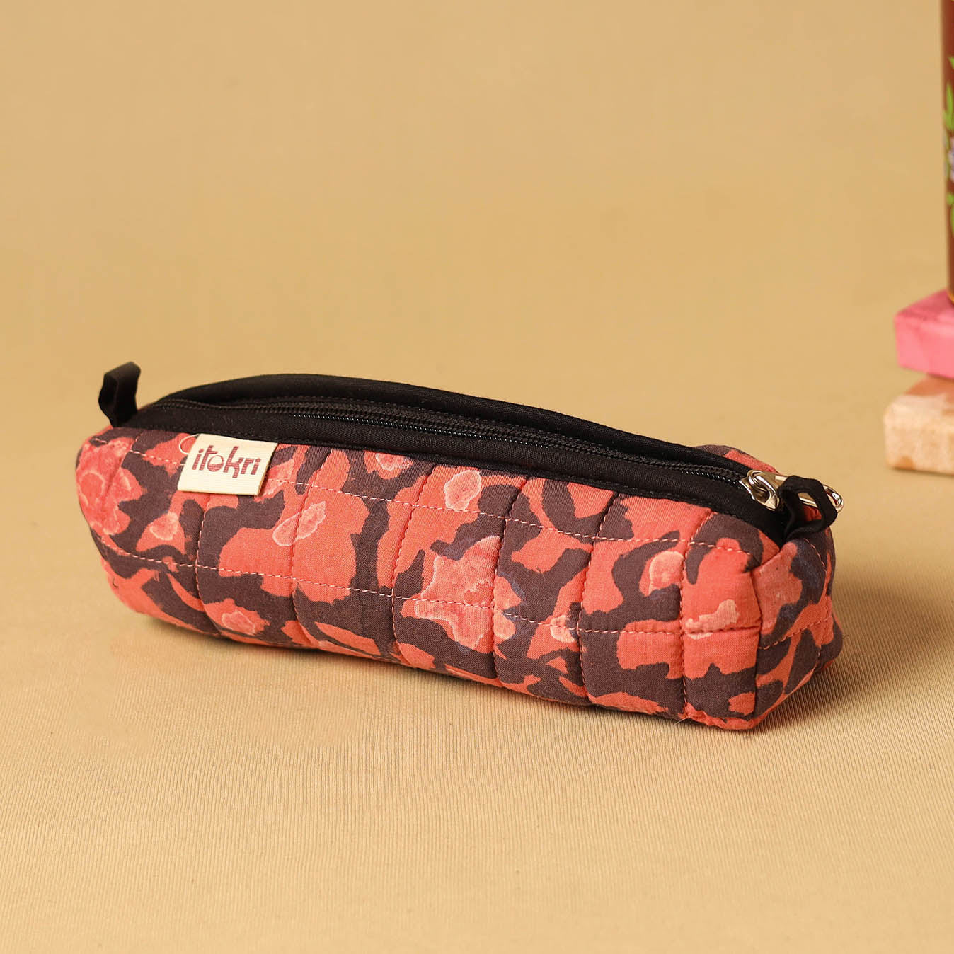 Red - handcrafted cotton quilted pencil pouch 02