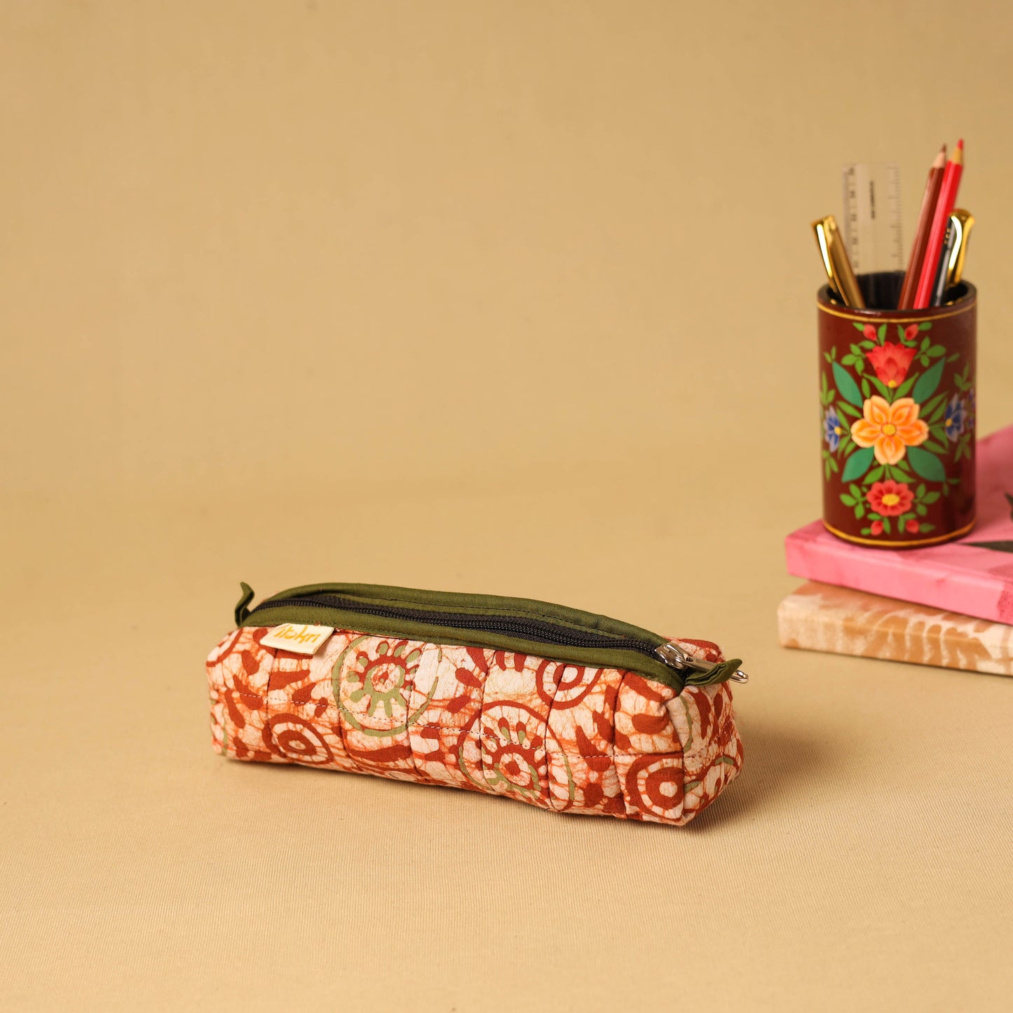 Red - handcrafted cotton quilted pencil pouch 06