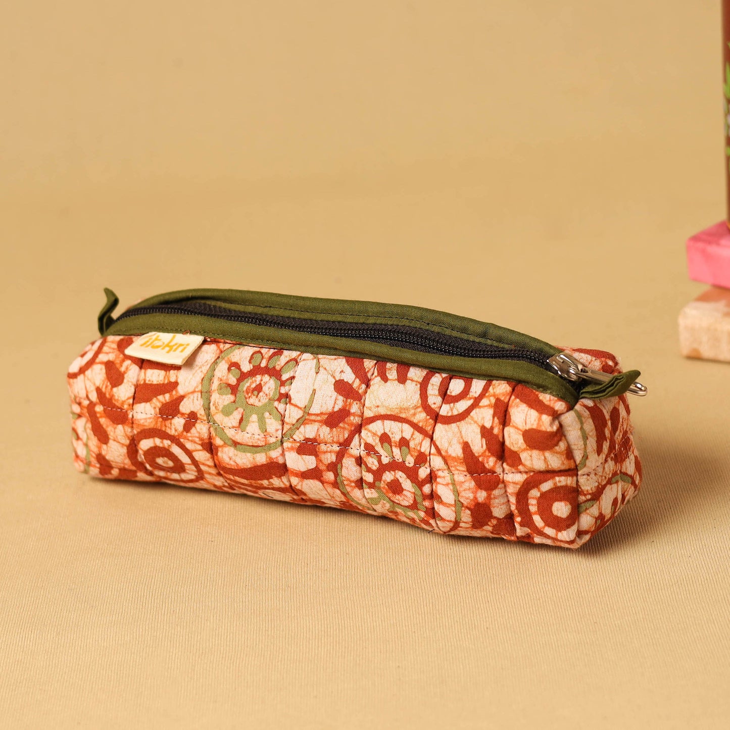 Red - handcrafted cotton quilted pencil pouch 06