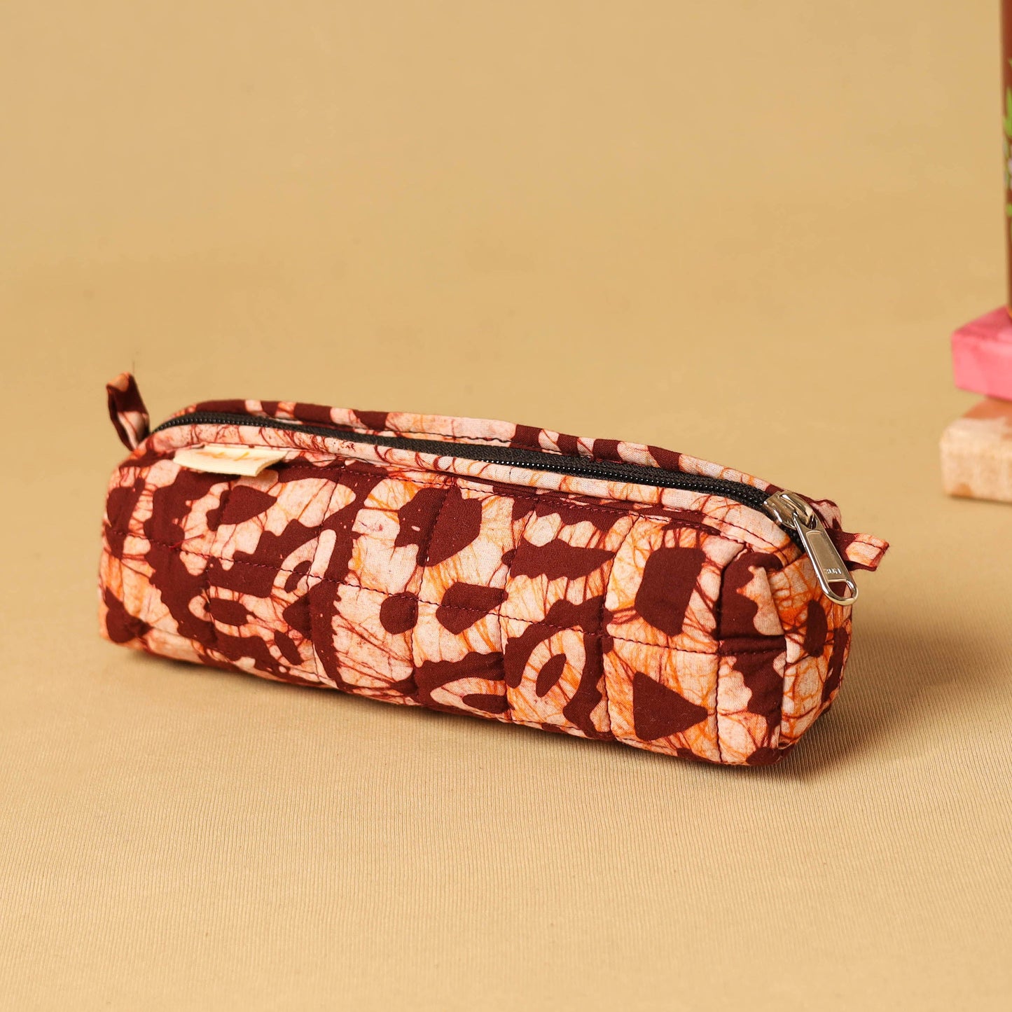 Red - handcrafted cotton quilted pencil pouch 07