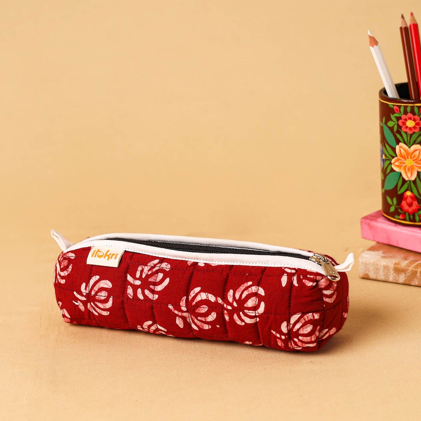 Red - handcrafted cotton quilted pencil pouch 10
