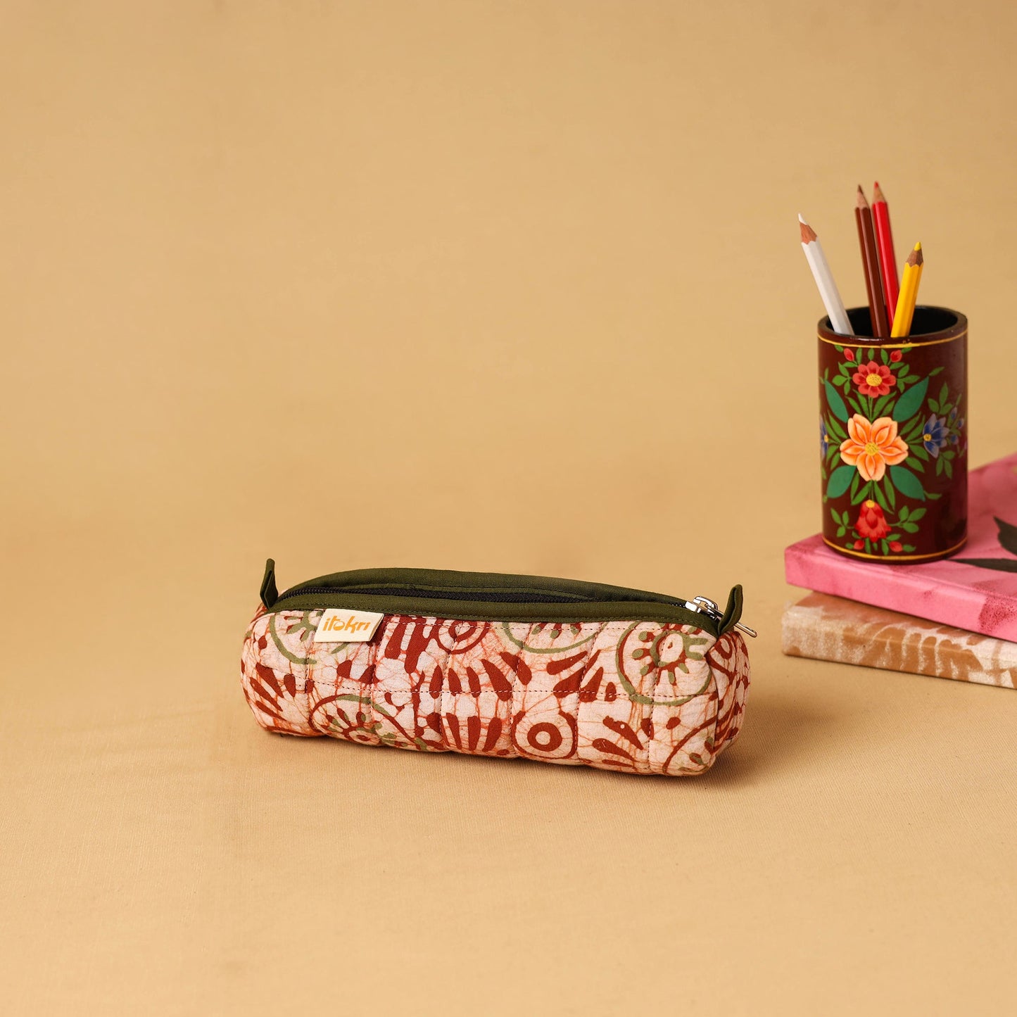 Red - handcrafted cotton quilted pencil pouch 15