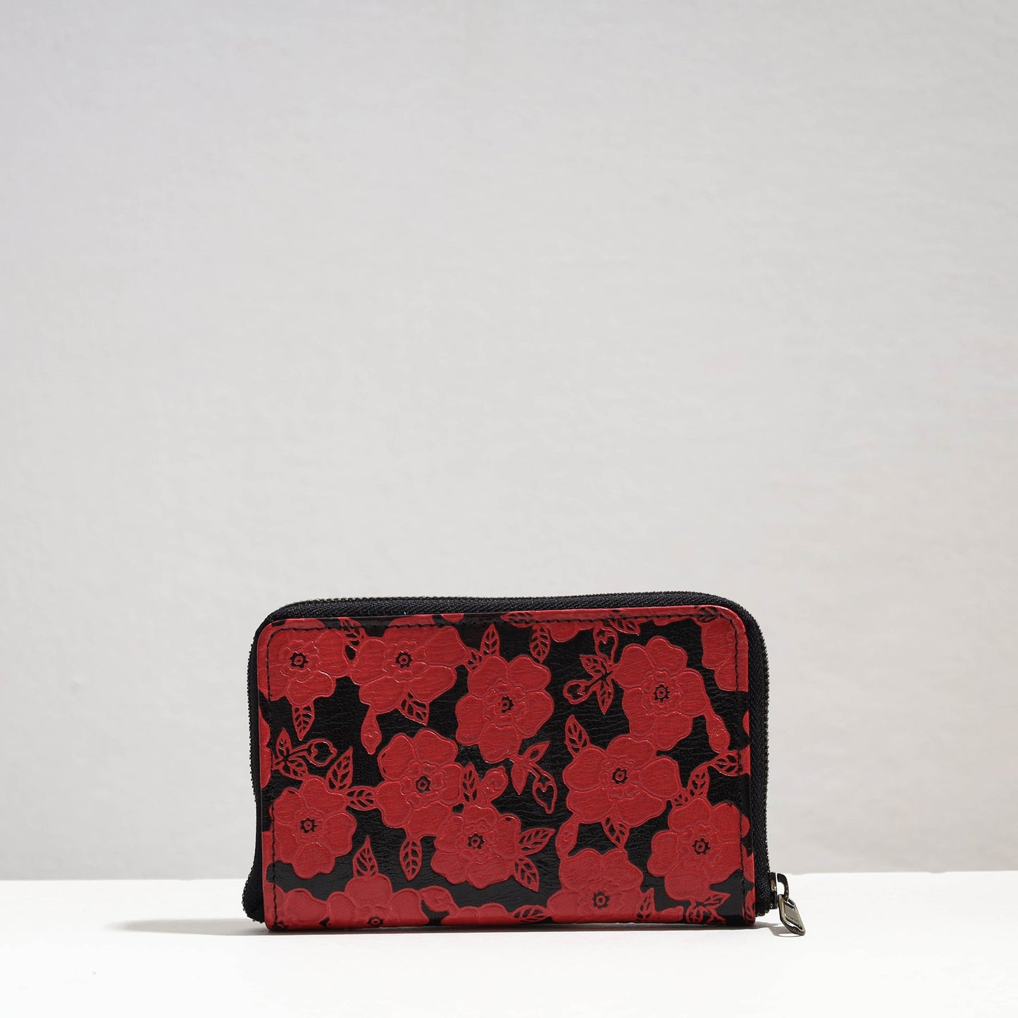 Red Handcrafted Embossed Leather Mobile Case with Card Holder 