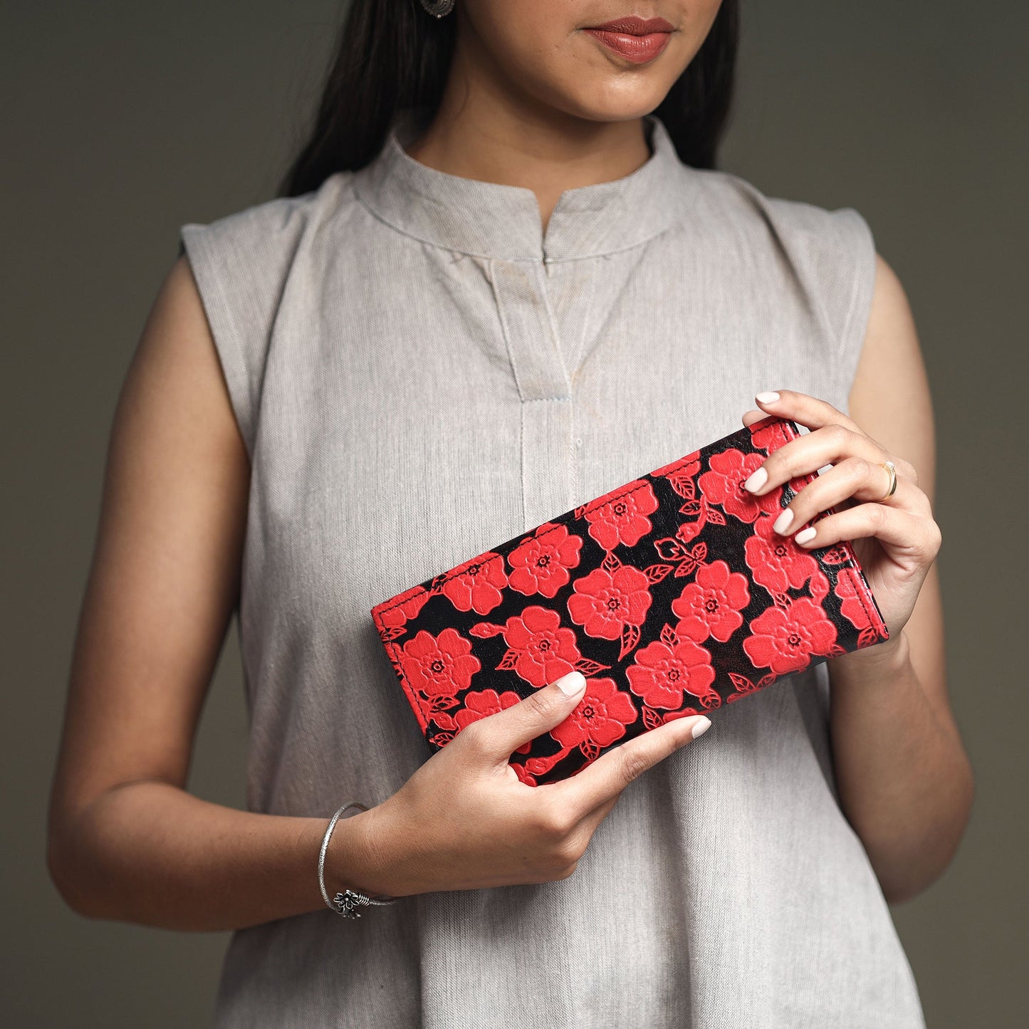 Red Handcrafted Embossed Leather Wallet for Women