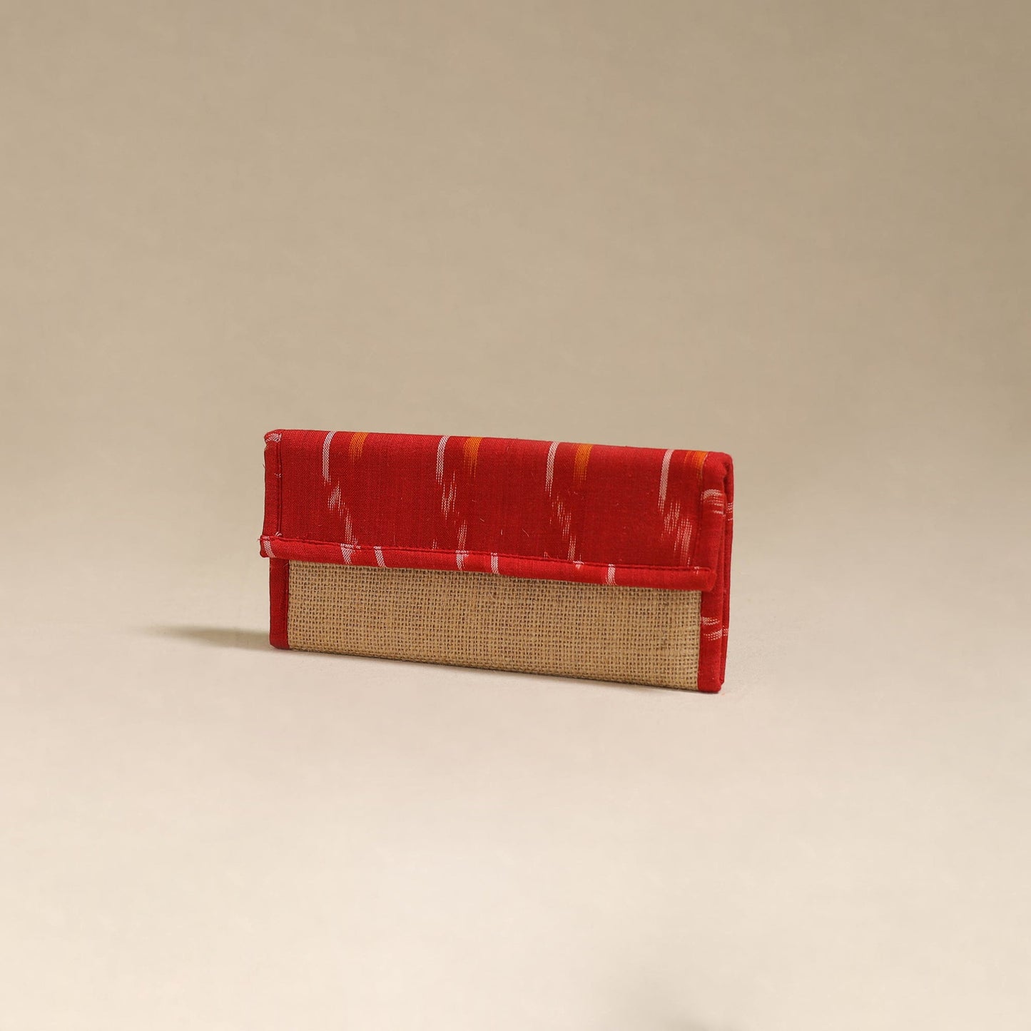 Red - handcrafted ikat fabric jute clutch / wallet