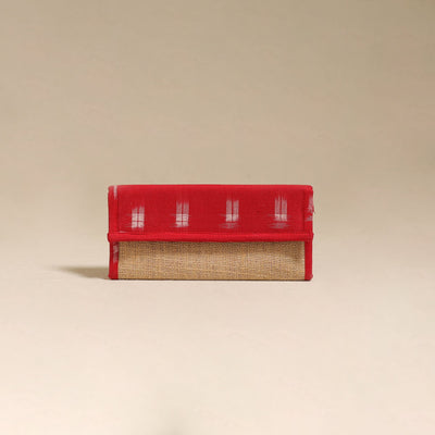 Red - handcrafted ikat fabric jute clutch / wallet