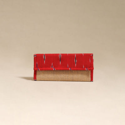 Red - handcrafted ikat fabric jute clutch / wallet