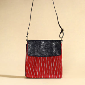 Red - Handcrafted Ikat Fabric Sling Bag with Embossed Leather Flap