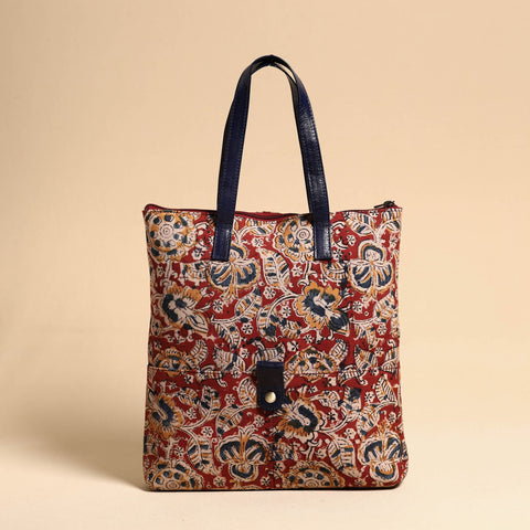 Red Handcrafted Kalamkari Block Printed Hand Bag with Leather Handle