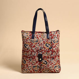 Red Handcrafted Kalamkari Block Printed Hand Bag with Leather Handle