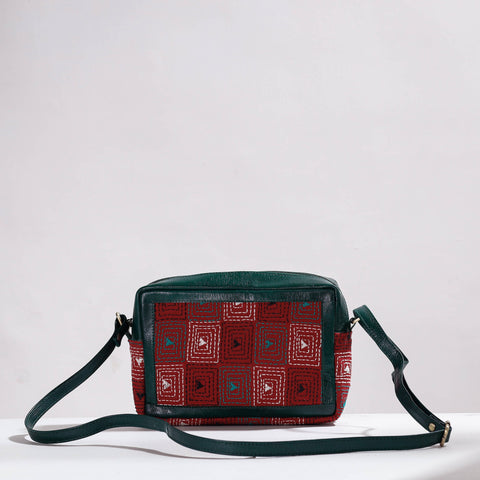  Handcrafted Kantha Embroidery Cotton & Leather Sling Bag 