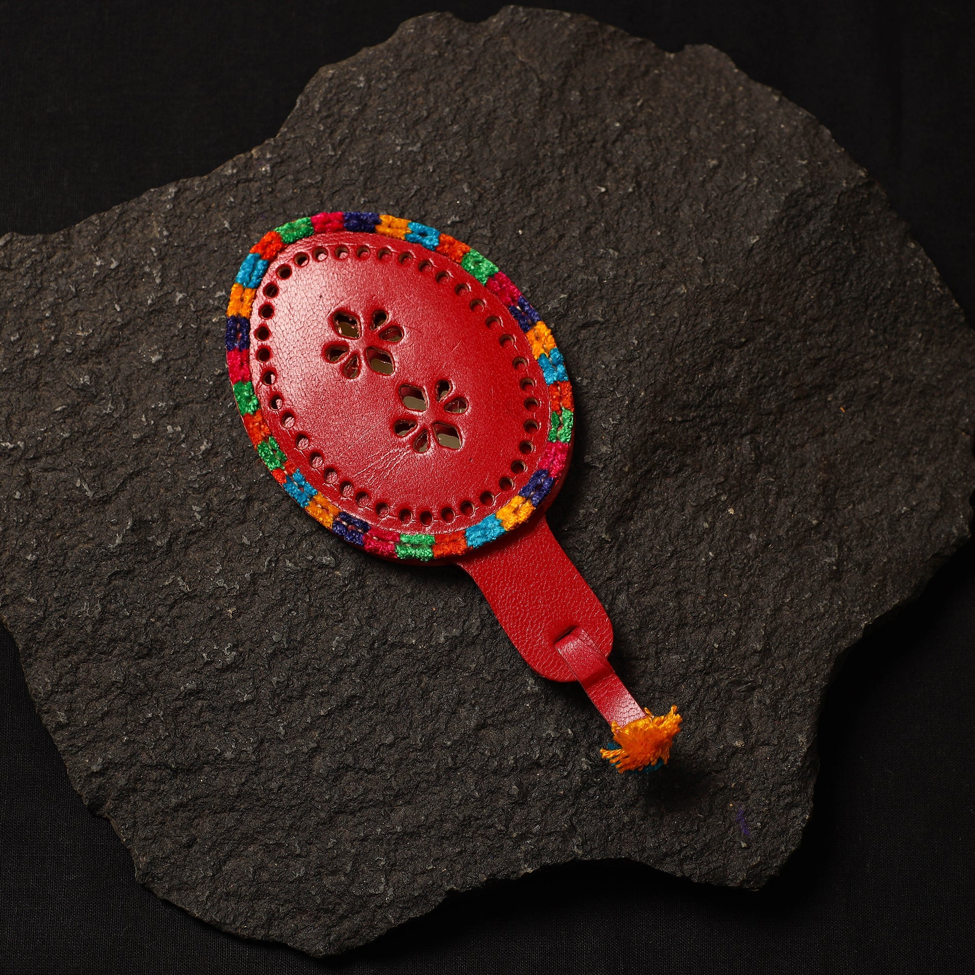 Red Handcrafted Kutch Cutwork Leather Hand Mirror with Pouch