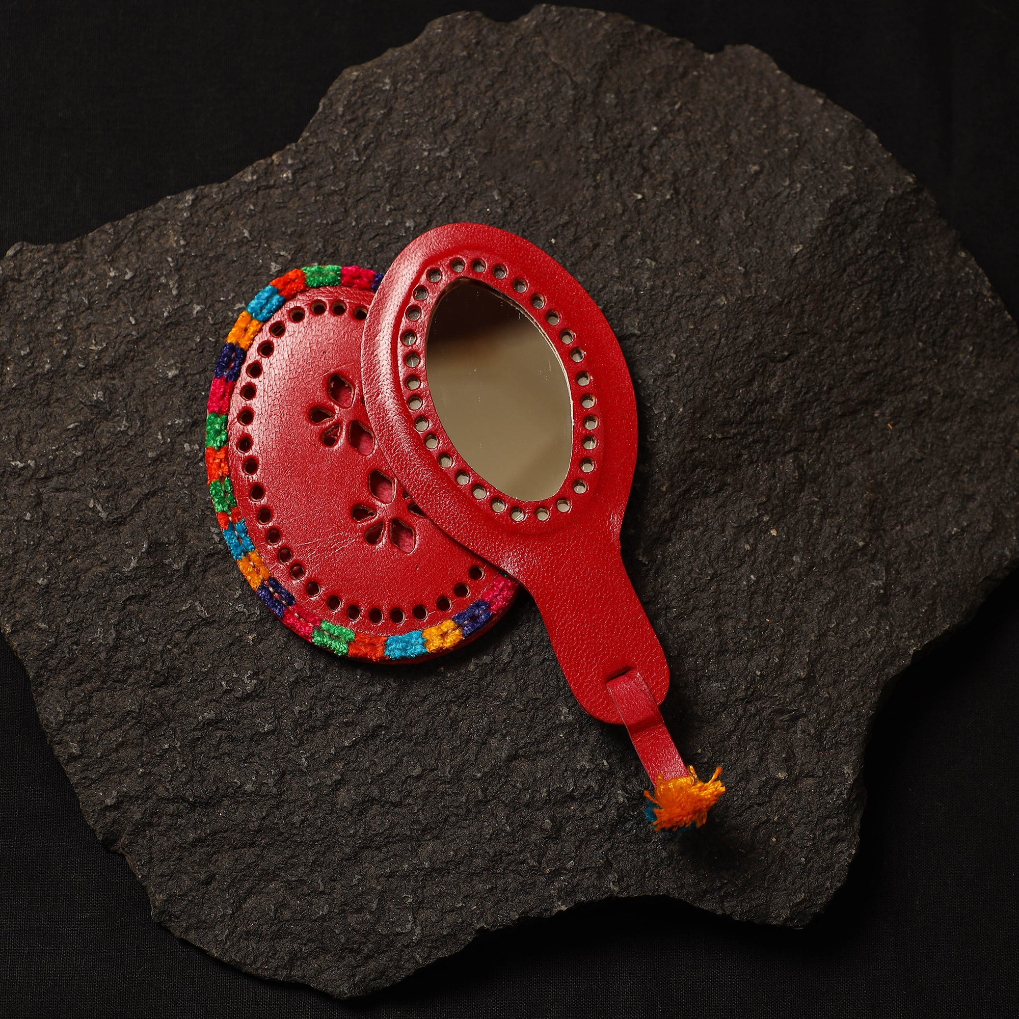 Red Handcrafted Kutch Cutwork Leather Hand Mirror with Pouch