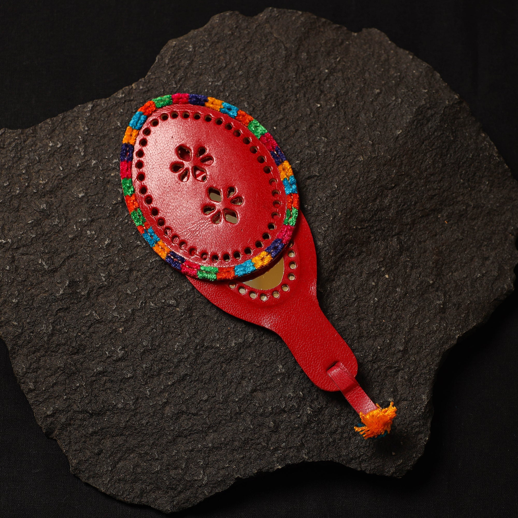 Red Handcrafted Kutch Cutwork Leather Hand Mirror with Pouch