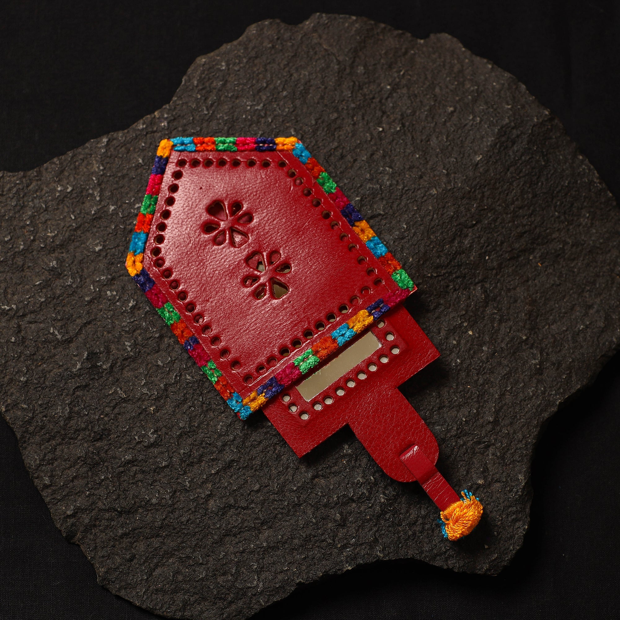 Red Handcrafted Kutch Cutwork Leather Hand Mirror with Pouch