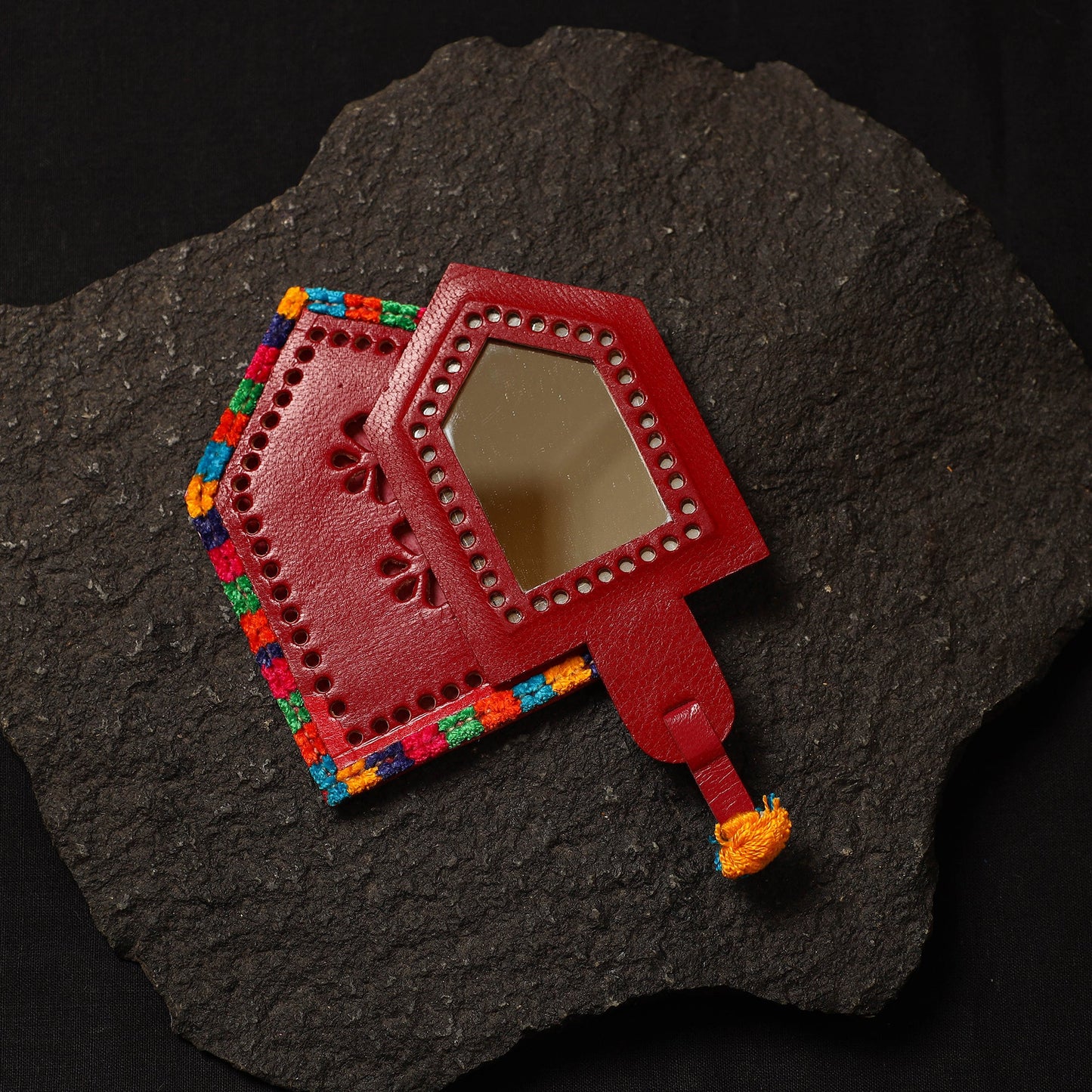 Red Handcrafted Kutch Cutwork Leather Hand Mirror with Pouch