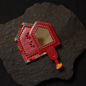 Red Handcrafted Kutch Cutwork Leather Hand Mirror with Pouch