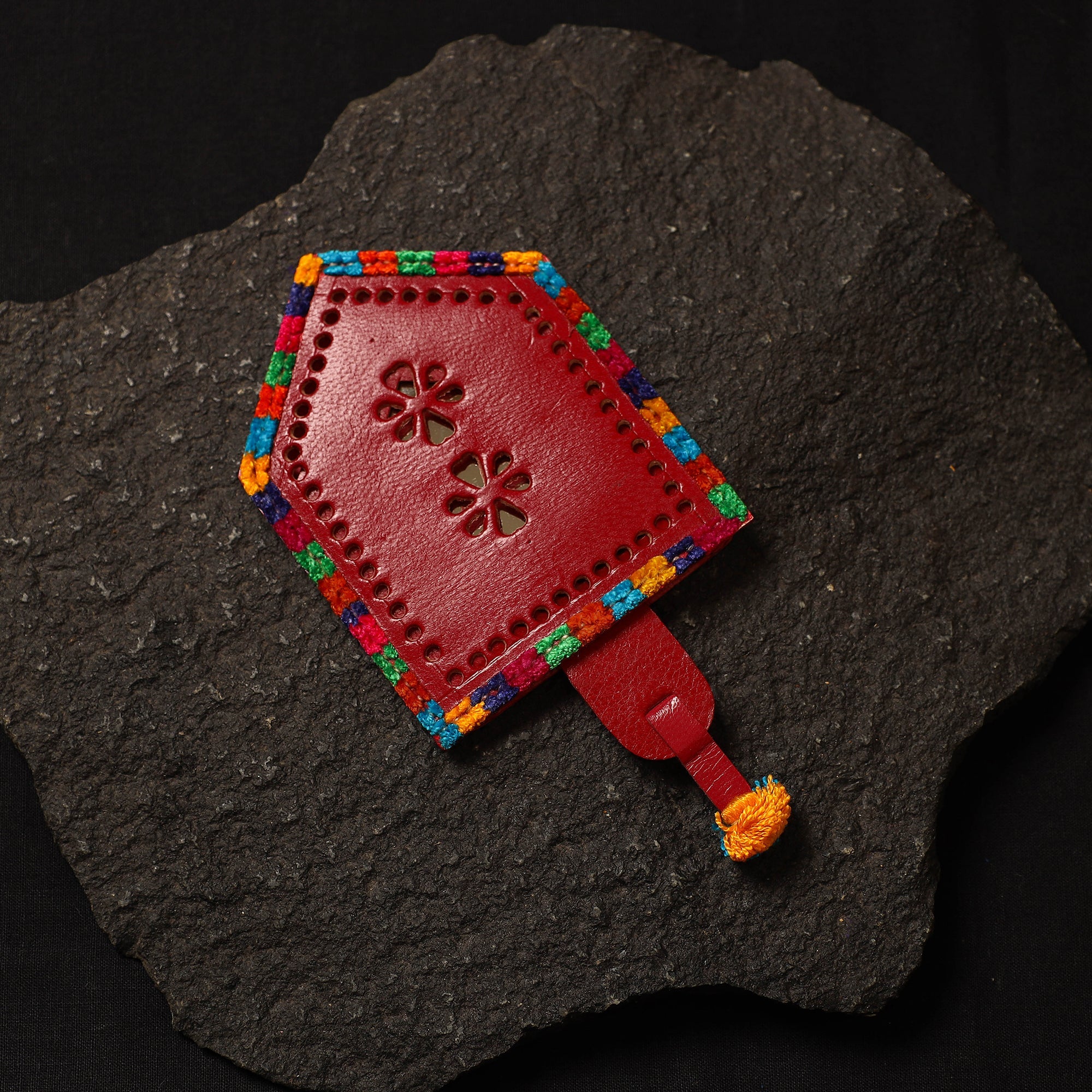 Red Handcrafted Kutch Cutwork Leather Hand Mirror with Pouch